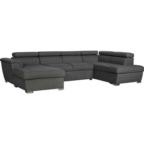 Loungitude – Canapé panoramique convertible en tissu gris foncé avec 2 coffres de rangement – Grand confort – Idéal pour salon moderne
