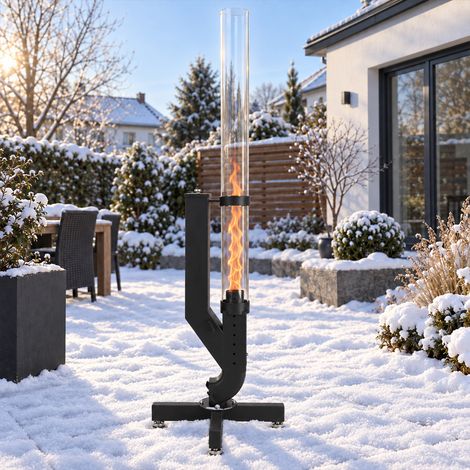 Jiubiaz Torche de jardin à granulés 138 cm, colonne de feu noire en acier carbone avec tube en verre borosilicaté Ø 8 x 100 cm (1/5)