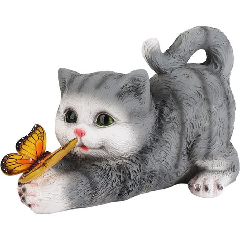 Figurine Chat Jardin Résine avec Papillon, Décor Solaire Étanche Mignon pour Balcon Terrasse Pelouse (1/5)