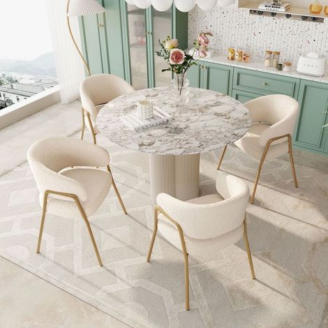 Fauteuil de salle à manger blanc 90x45, design moderne avec pieds dorés, velours mouton confortable, structure métal robuste (1/5)
