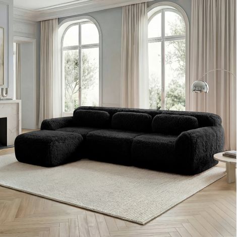 Modulares Ecksofa aus Plüschstoff in Schwarz, rahmenlos, sofort einsatzbereit (1/5)
