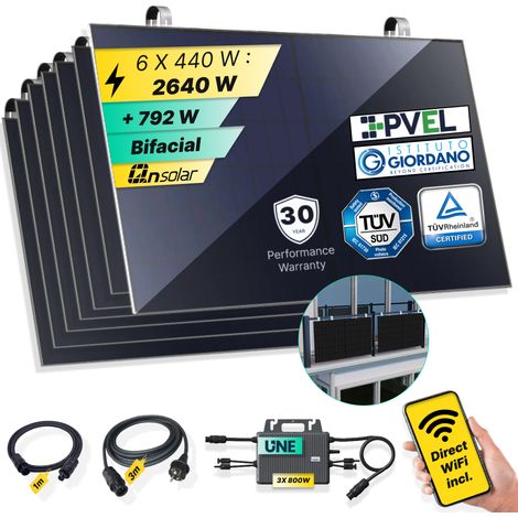 ROBINSUN®️ Kit Solar Enchufable Performance Balcony 2.640Wp, 6 paneles QN 440Wp + 3 Microinversores 800W Wifi incluído+Cable 3m+6 Fijaciones SolarHook