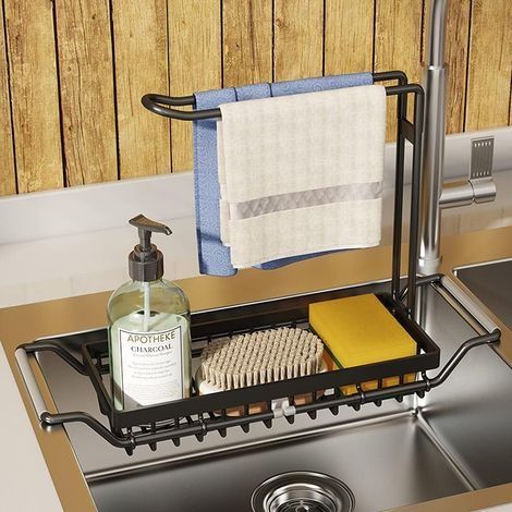 Organisateur Extensible d'évier pour Cuisine Porte Éponge avec Porte-Serviettes en Acier Inoxydable Repose Éponge Évier Rangement Éponge Cuisine pour Pinceau und Torchon (Grand, Noir)
