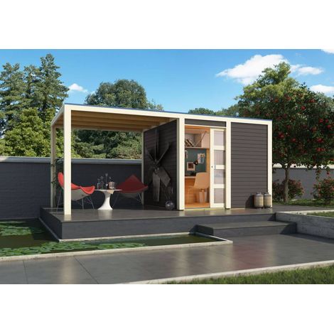 Karibu Gartenhaus Qubic (optional mit Anbaudach 484x246 Gartenhaus aus Holz in Grau, Holzhaus mit 19 mm Wandstärke inklusive Schleppdach Blockbohlenhaus Grau (1/3)
