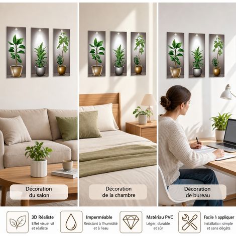Stickers Muraux Plantes Vertes 3D Style Nordique 3 Panneaux PVC 20 x 40 cm Salon (1/4)