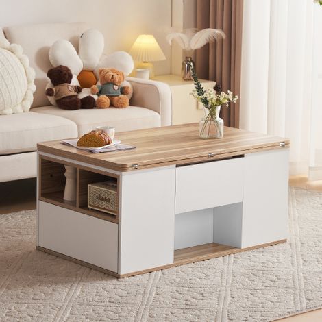 Table basse relevable multifonctionnelle avec 2 tiroirs, 1 placard et étagère ouverte, blanc et bois, 100x51x47 cm