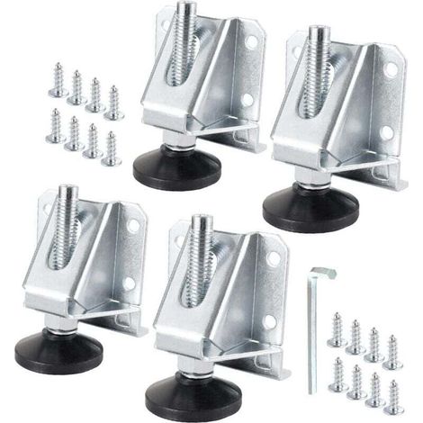 A set of 4 sturdy, adjustable furniture leveling feet, including anti-scratch pads, screws and locking nuts, suitable for workbenches, cabinets, tables and shelves. (1/4)