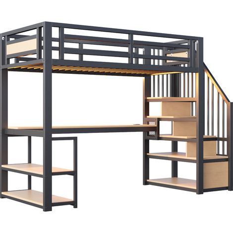 Cama alta metálica 90x200 negra con escritorio, estantes y escalera con almacenaje (1/5)