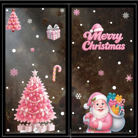 Autocollants décoratifs roses pour fenêtres, sapin de Noël, bonhomme de neige, autocollants pour fenêtres, cerf de Noël, flocons de neige, autocollants statiques
