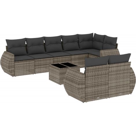 Set de muebles de jardín 9 pzas y cojines ratán sintético gris vidaXL (1/5)