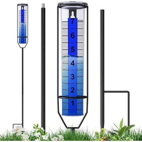 Pluviomètre décoratif en fer pour jardin, extérieur avec réservoir plastique, rayures bleues et motif spirale pour mesurer les précipitations (1/5)