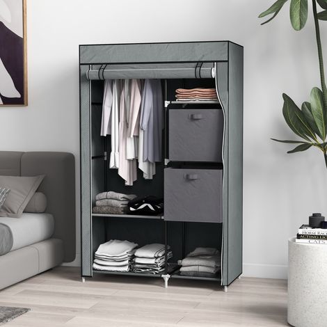 Armario de tela, plegable, con 1 barra para colgar ropa, 6 estantes, 102 x 42,5 x 162,5 cm, gris.