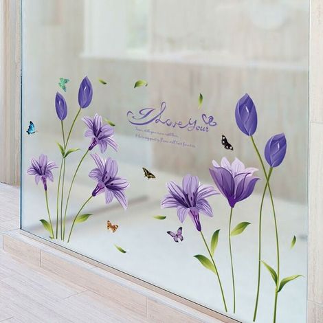 Purple Wall Decal (160 x 85 cm) Lily, Plant, Butterfly, Branch Self-adhesive wall decal for living room, children's room, kitchen tiles, teen's room, adults (1/5)