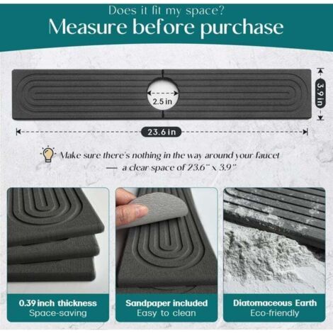 Protection anti-éclaboussures pour robinet d'évier de cuisine en diatomite, 61 cm, plateau d'évier de séchage en pierre soignée, moderne, tapis absorbant pour comptoir de cuisine (gris foncé, 60 x 10