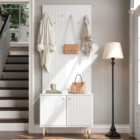 Meuble d'entrée combiné armoire chaussures autoportante penderie crochets MDF particules pieds métal 70L×35P×180H cm, blanc (1/5)