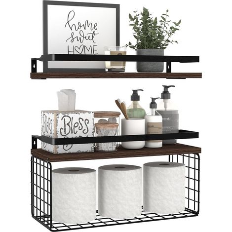 Support de douche et rangement 2 en 1 avec panier fil métallique salle bain barres d'appui Bois Métal Marron (1/5)