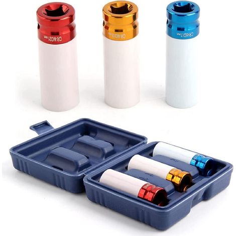 3 PCS Drive Wheel Socket Set 1/2- Inch Alloy Wheel Sockets 17mm 19mm 21mm Thin Wall Wheel Nut Socket Multicolour Nut Thin Wall Sockets for Alloy Wheels (1/5)