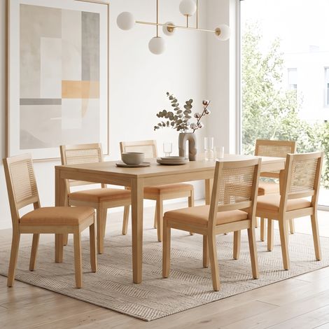 Lot de 6 Chaises Bois Massif et Cannage Natural - Chaise rétro mid-century - Chaise de Cuisine Confortable avec Ressorts (1/5)