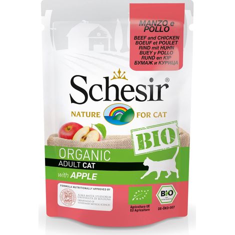Schesir BIO, Alimento Completo Umido per Gatti adulti, Patè selezionato di Manzo e Pollo Con Mela senza Cereali - 16 bustine dal 85g (1,36kg totale) (1/3)