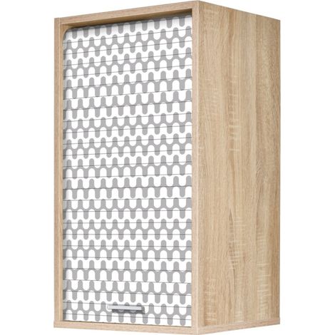 Beaux Meubles Pas Chers – Meuble haut de cuisine chêne 40x72 cm – Rideau coulissant imprimé vagues grises – 2 tablettes réglables – Éco-conçu, fabriqué en France (1/3)
