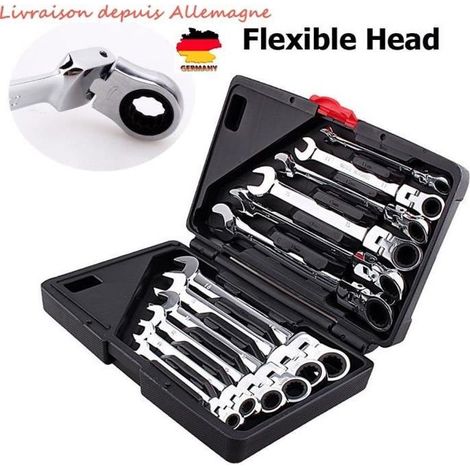 12 Clés Mixtes À Cliquet Tête Mobile - 8-19 Mm - Acier Chrome-Vanadium - 5° Retour - 72 Dents (1/4)