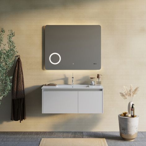 Wandmontierter Badezimmerschrank 100Cm Grau Mit Led Spiegel Und Uhr Monaco