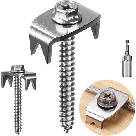 Packung mit 50 Zaunklammern aus Edelstahl 304 – 40 mm – Wiederverwendbare M5,5-Holzschrauben für Drahtgitter- und Flechtzäune mit Drahtbefestigung – M8-Schraubendreheradapter (1/5)