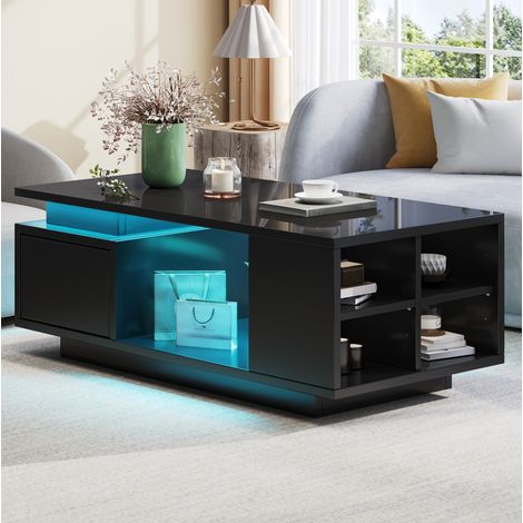 Mesa de centro fija 100x50x36 cm de paneles de madera negros con almacenaje (1/5)