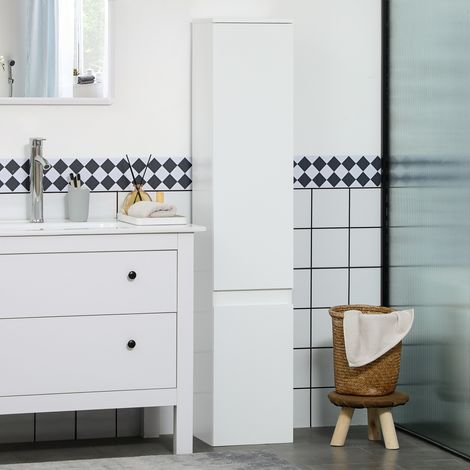 Meuble colonne rangement salle de bain 2 placards 3 étagères réglables style contemporain 30x28x152,5 centimètres blanc