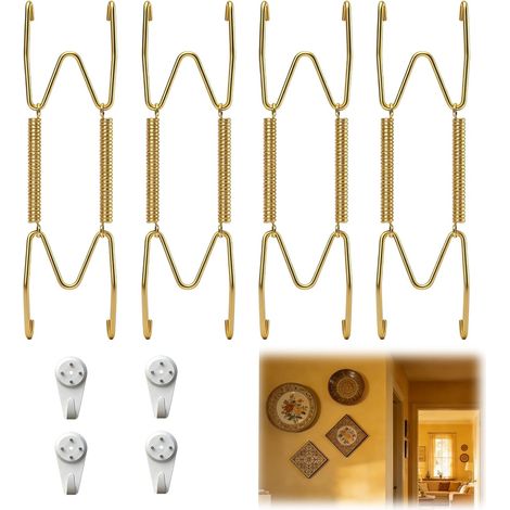 Lot de 4 - Support mural - Porte-assiette - Métal doré - Système élastique W - Pour assiettes décoratives et plats - Salon cuisine entrée - Doré - 25,4 cm (1/5)