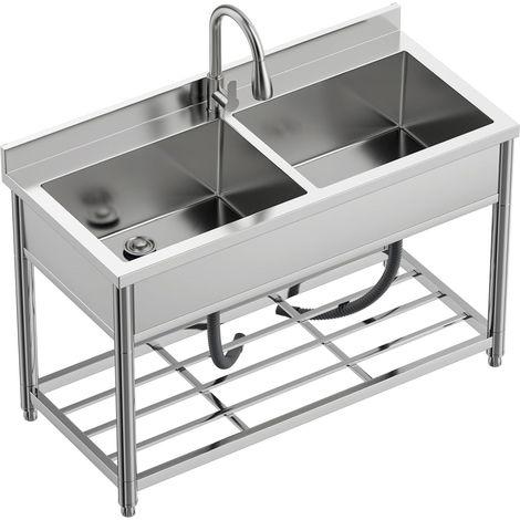 Évier Autoportant en Acier Inox 2 Bacs, Évier de Cuisine Commercial avec Robinet Extensible, pour Extérieur, Cuisine, Garage et Restaurant, 55P x 120L x 94H cm (1/5)