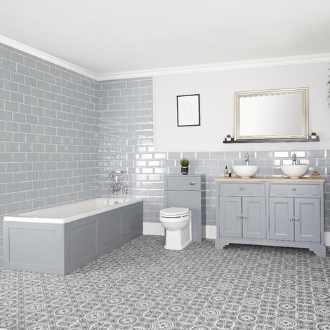 Milano Thornton Bathroom Suite with Single Ended Bath  1210mm Vanity Unit with 2 Countertop Basins and Back to Wall Toilet WC Unit - Light Grey (1/5)