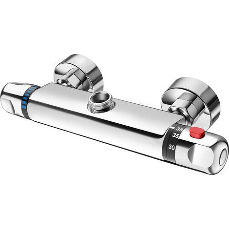 Robinet de douche thermostatique en acier inoxydable, adapté à une utilisation dans la salle de bain, contrôle de température à double poignée, montage mural. (1/5)