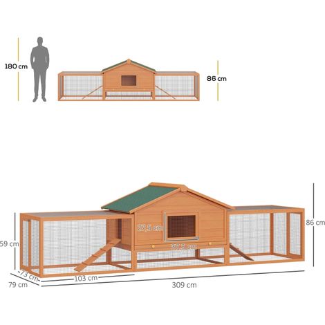 Cage clapier rongeurs 2 niveaux, enclos extérieurs avec rampes, 309x79x86 cm, bois naturel et vert, parc pour lapins cobayes, habitat spacieux multi-zone. (1/5)