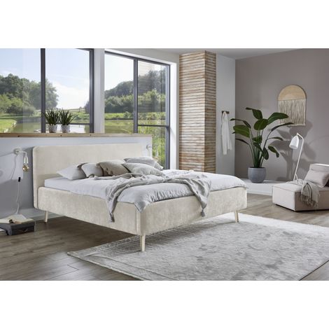 Meise Möbel Polsterbett Mattis 180x200 cm Doppelbett Bettgestell skandinavisches Kopfteil Strukturstoff Beige Holzfuß sandfarbig (1/5)