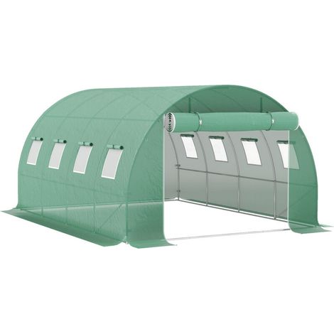 Bâche de rechange serre tunnel 12 m² 4 x 3 x 2 m PE anti-UV imperméable 8 fenêtres + porte enroulable zippée vert (1/5)