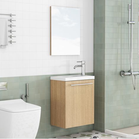 Mobile bagno sospeso con lavabo in ceramica e specchio, MDF finitura rovere 40x25x48 cm (1/5)