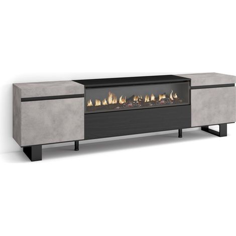 Skraut Home - Mueble TV, Televisión, Muebles de salón, almacenaje, 200x57x35cm, Para TV hasta 80", Chimenea eléctrica, Diseño industrial, Estilo Moderno, Gris Cemento (1/5)