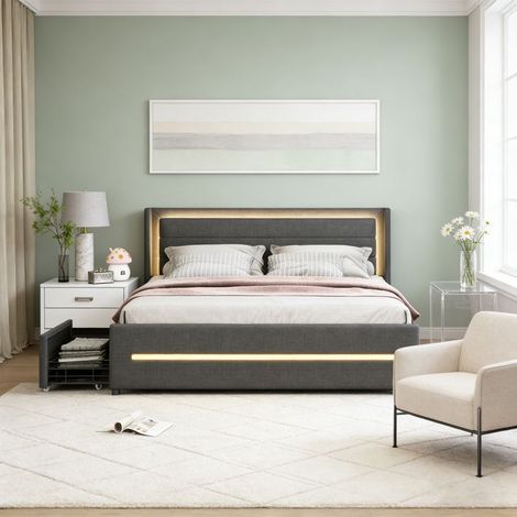 Bett für Erwachsene 160x200 cm mit LED-Beleuchtung, 4 Schubladen, Leinenstoff, Doppelbettgestell 160x200 cm, grau
