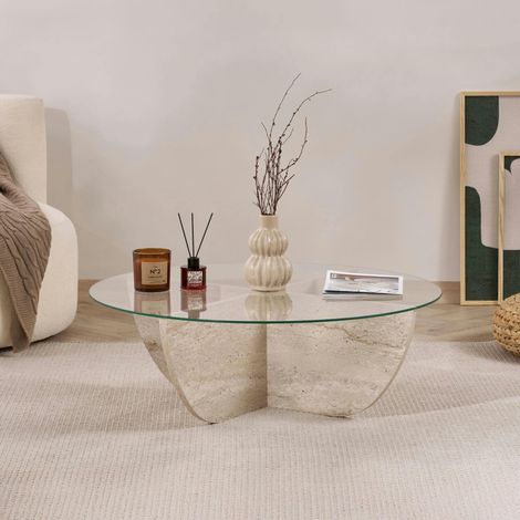 Table basse ronde en verre pied croisé effet travertin SALTA