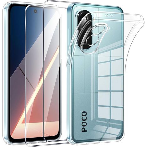 Coque pour Xiaomi Poco M7 4G avec 2 Pièces Protection Écran Verre Trempé,Ultra Transparente Silicone en Gel TPU Souple pour Xiaomi Poco M7 4G Couqe,Antichoc Anti-Jaune Etui Bumper (1/5)