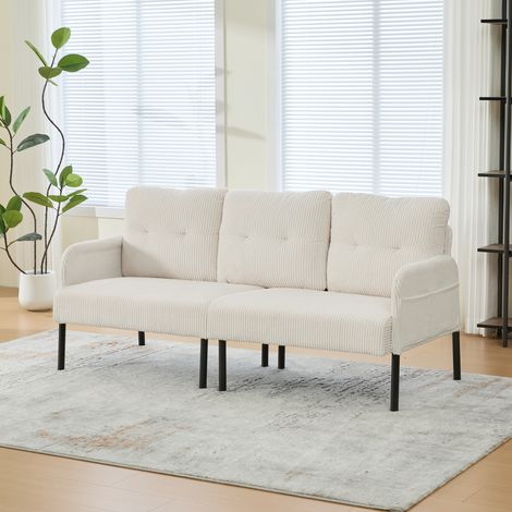 Canapé 3 places en velours côtelé 171 x 72 x 80 cm Canapé droit rembourré avec accoudoirs et poches latérales Pieds en méta Beige (1/5)