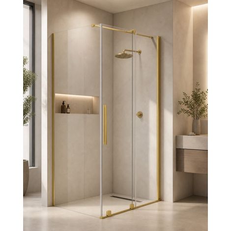 Rechteckige Duschkabine 120 x 80 Klarglas gebürstete Goldprofile einflügelige Schiebetür Deante Nivis KPNRP12S08 120 x 80 (1/5)