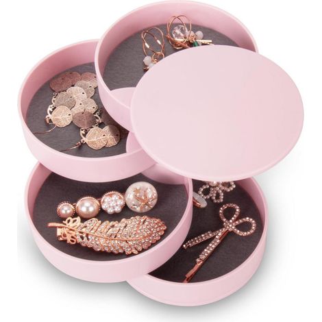 Schmuckkästchen Damen 4 Ebenen Ringe Ohrringe Halskette 10cm Rund Rosa (1/5)