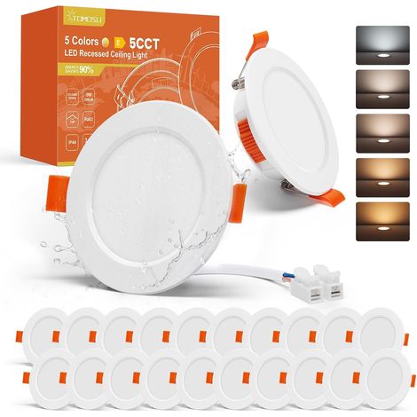 Lot de 20 Spots LED Encastrables 5W - 5 Couleurs Réglables - Design Extra Plat IP44 - Idéal Salle de Bain et Salon - Trou 68-80mm (1/5)