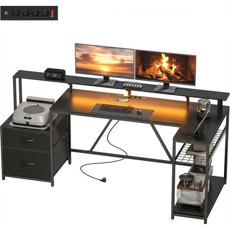 Bureau de jeu d'angle, bois, acier, noir, 192,5x80x86,5 cm, hub de charge, lumières LED, support d'écran (1/5)