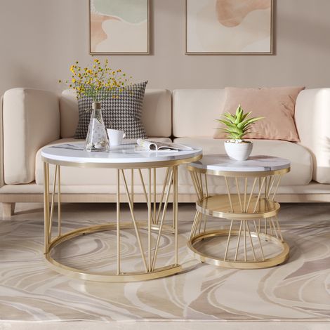 Tanant – Lot de 2 tables basses gigognes rondes 45/70cm – Motif marbre – Cadre en V doré – Design compact et empilable – Capacité 30kg