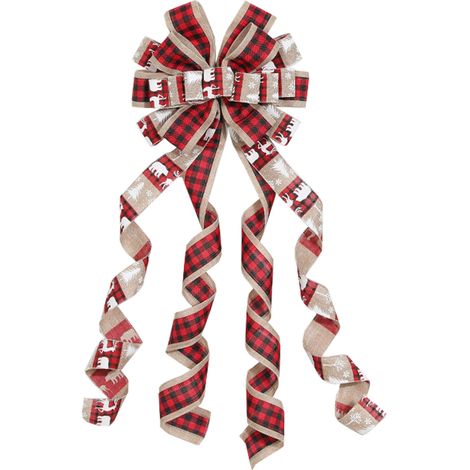 (Rot-schwarz kariertes Muster, 6,3 cm breit, mit weißer Rentierschleife, einzeln verpackt) Große bedruckte Leinenschleife für den Weihnachtsbaum, 30 x 110 cm, Polyester + Leinen. (1/2)