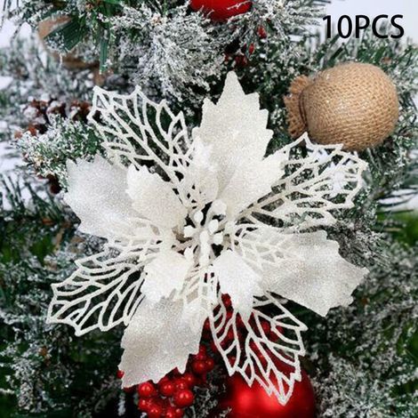 Fleur Artificielle Poinsettia - 11 cm - Décoration Noël Arbre Guirlande Couronne - Argent - 10 Pièces (1/5)