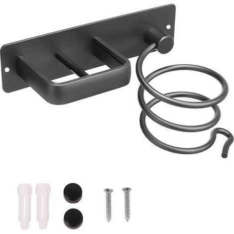 Haartrocknerhalter, Haartrocknerhalter, Glätteisenhalter, Haartrocknerhalter, Haartrocknerhalter, Aluminium-Wandhalterung, Föhnspirale, Haartrocknerhalter mit zwei Löchern (schwarz) - RAPANDA (1/5)